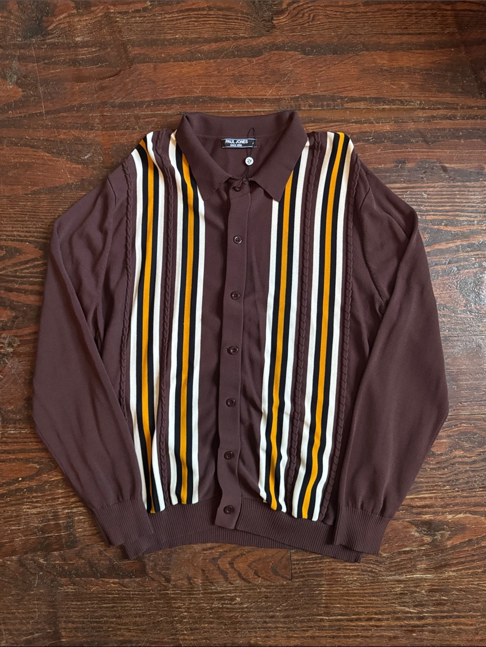 Paul Jones Vintage-70’s Inspired Brown Striped Knit Button-Up Cardigan Shirt L
